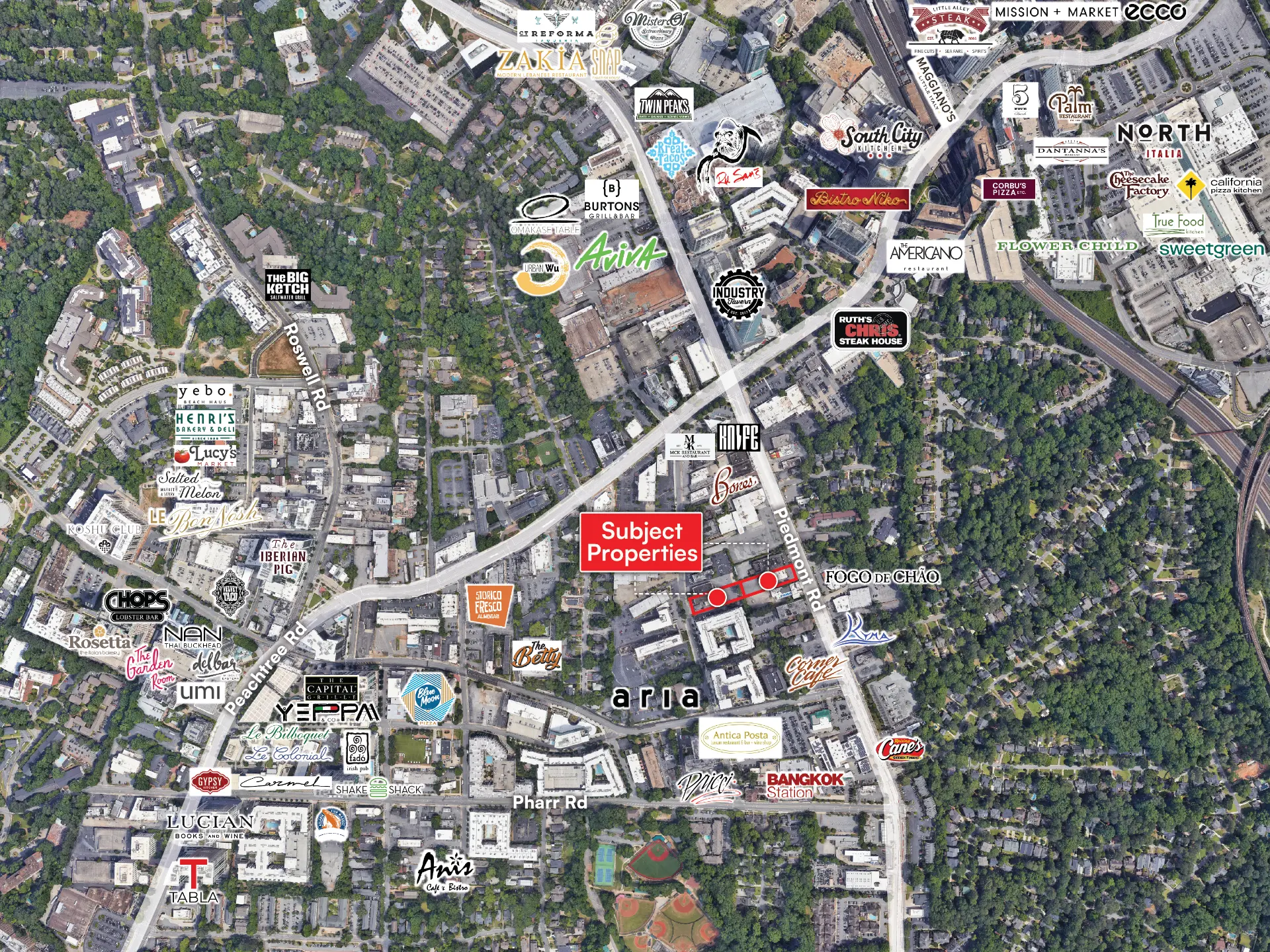 Market restaurants map identifying the subject properties, Peachtree Road, Piedmont Road, Roswell Road and Pharr Road