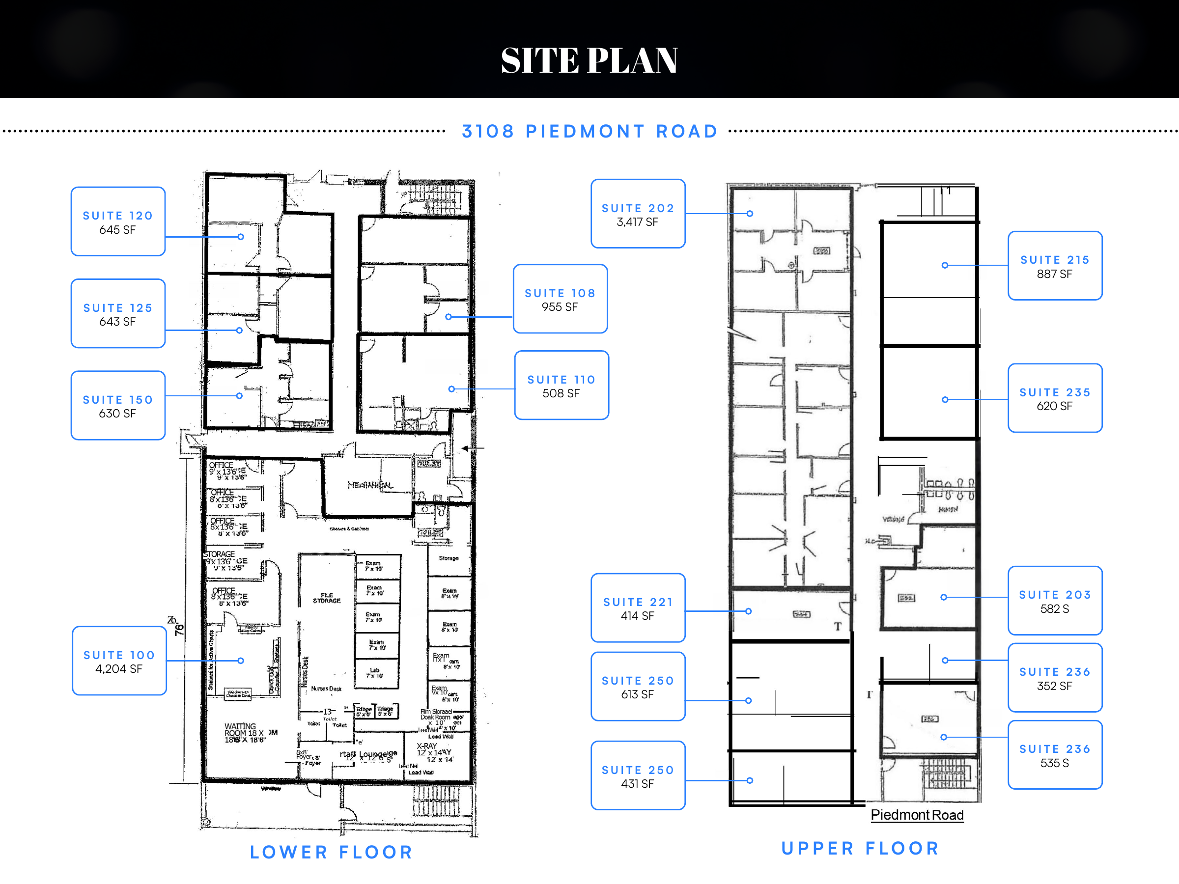 Site plan — 3108 Piedmont Road, lower and upper floors with suite numbers and square footages