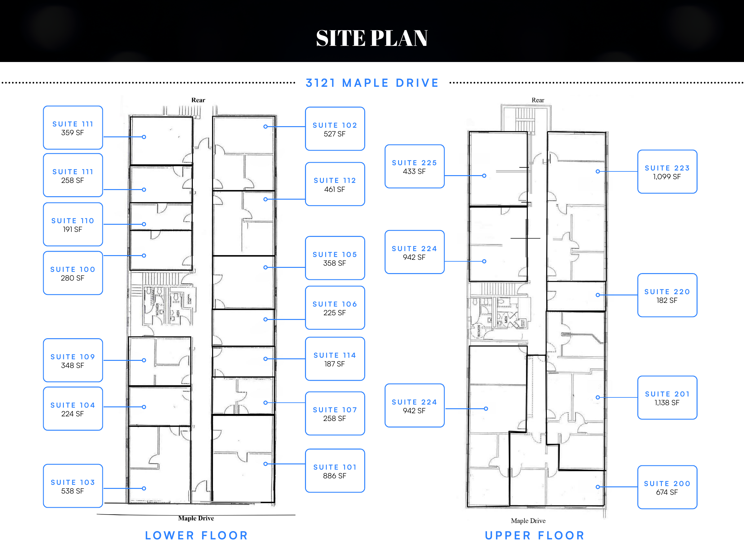 Site plan — 3121 Maple Drive, lower and upper floors with suite numbers and square footages