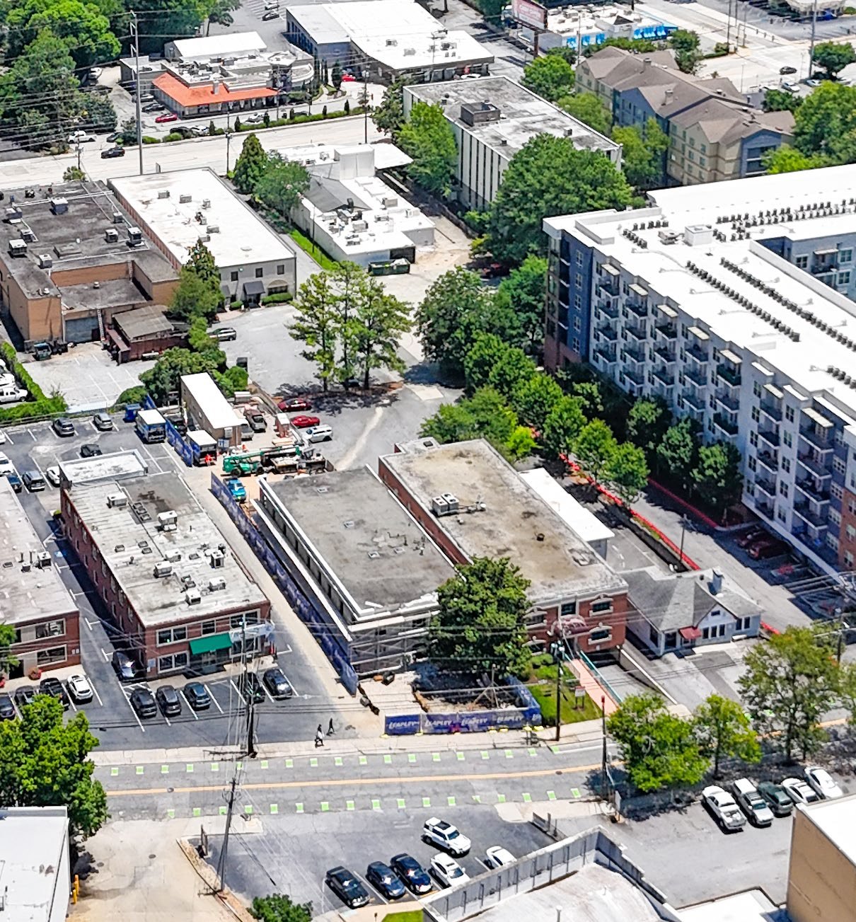 Aerial view of 3108 Piedmont Road and 3121 + 3115 Maple Drive