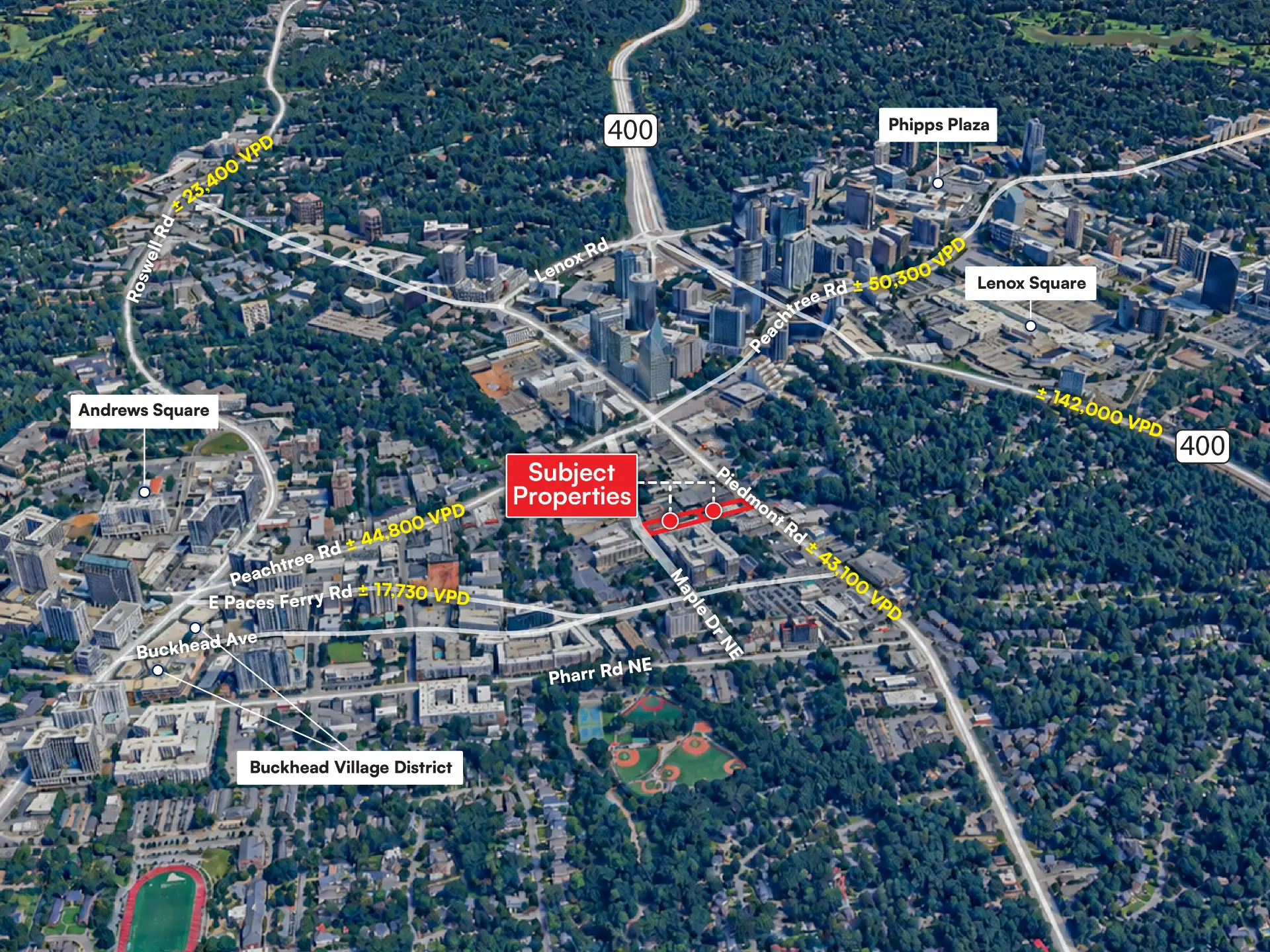 Prime Buckhead location aerial showing the subject properties relative to Buckhead Village District, Lenox Square, Phipps Plaza and GA 400
